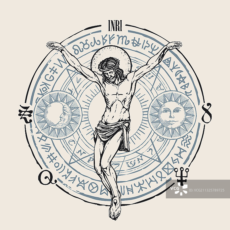 手绘耶稣与深奥符号banner图片素材