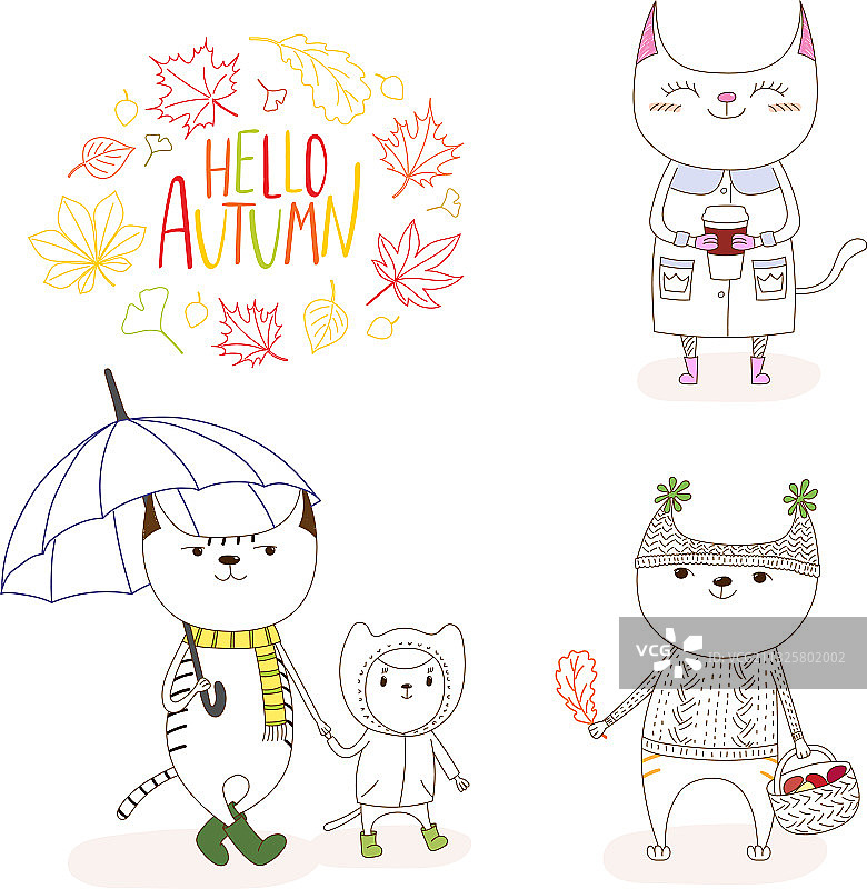 秋日落叶中的可爱猫咪和引语图片素材