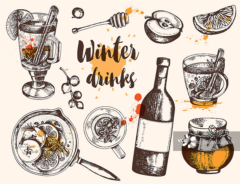 复古手绘热红酒与配料图片素材