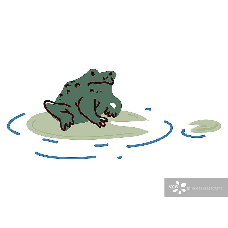 池塘睡莲上的可爱卡通青蛙线条艺术图片素材