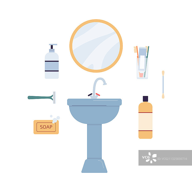 带沐浴配件的浴室水槽扁平设计图片素材
