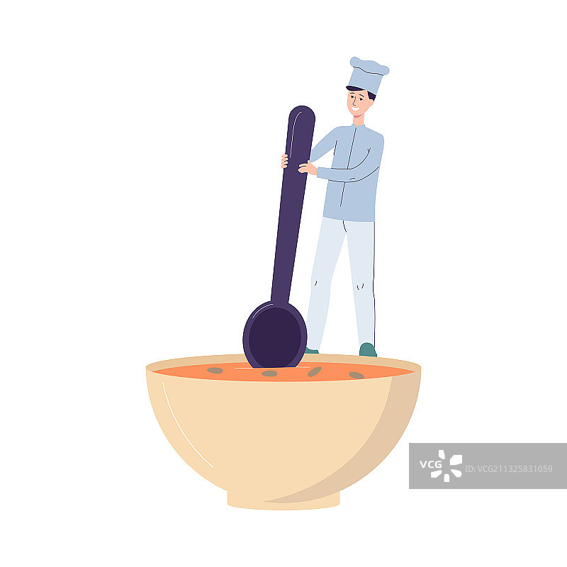 扁平风格：小厨师用大碗盛南瓜汤图片素材