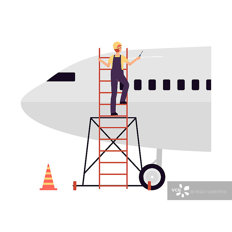 航空工程师爬上飞机进行维修图片素材