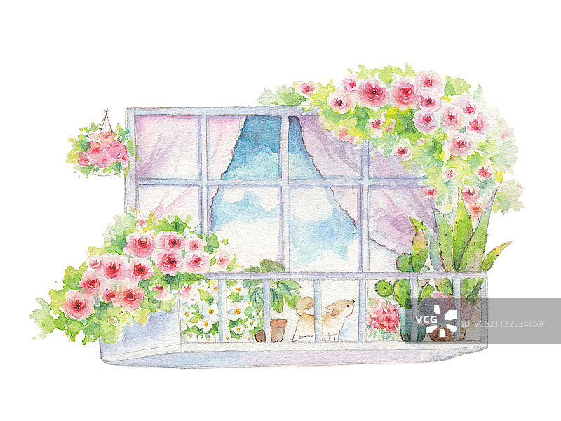 水彩手绘装饰建筑鲜花植被阳台沙发窗户外景图片素材