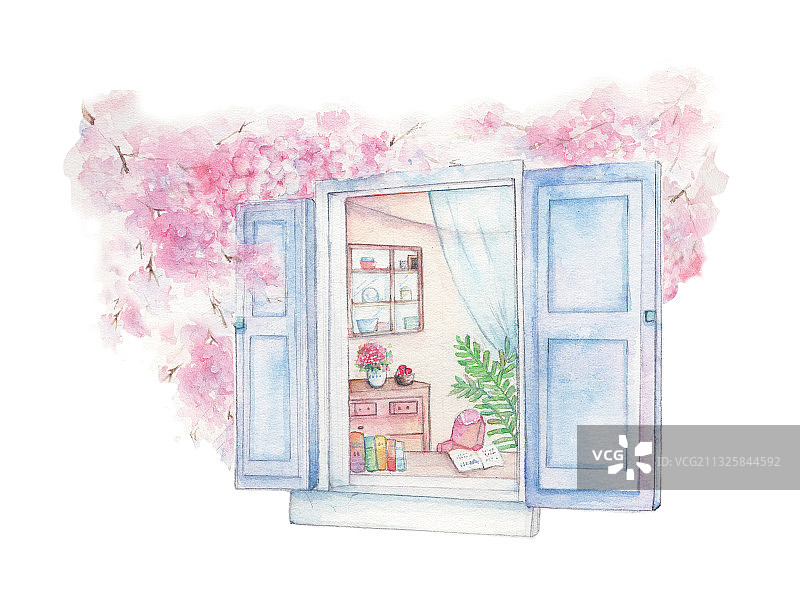水彩手绘装饰建筑鲜花植被阳台沙发窗户外景图片素材