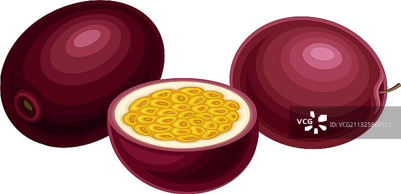 圆形深紫色百香果与多汁果肉图片素材