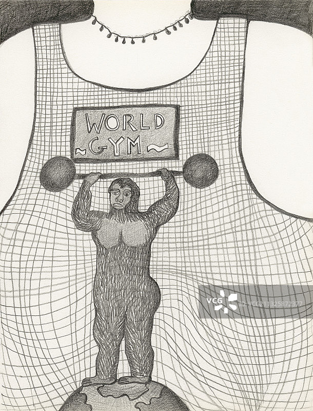 蜡笔画：标签T恤上的猩猩举哑铃插画图片素材