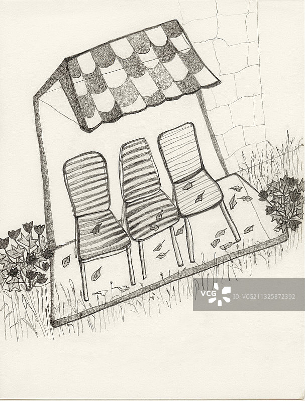 遮阳棚下三把椅子的蜡笔画插图图片素材