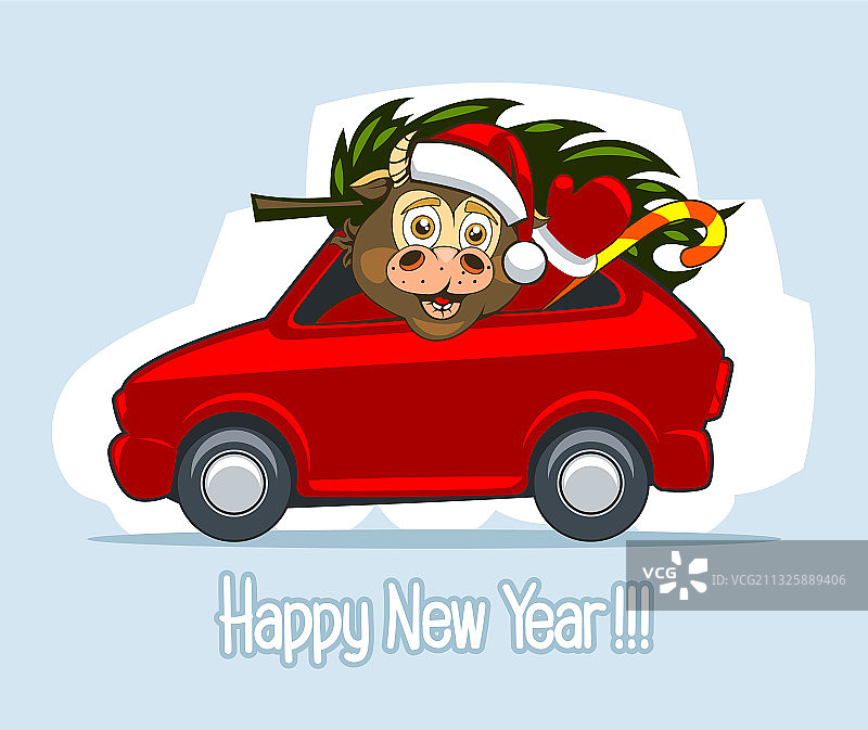 穿着圣诞老人服装，坐在红色汽车里的公牛图片素材