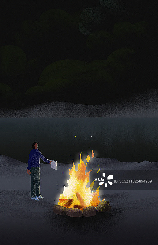图书插图孤独的人湖边篝火插画图片素材