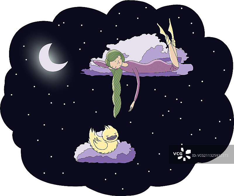 月光下的女孩与鸭子图片素材