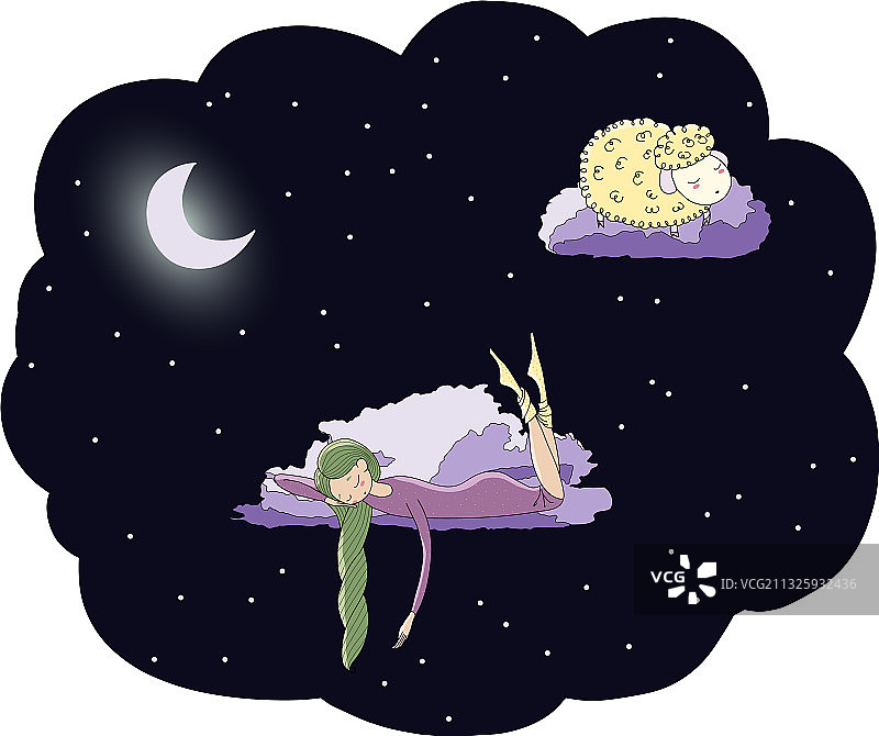 月光下与羊群的女孩图片素材