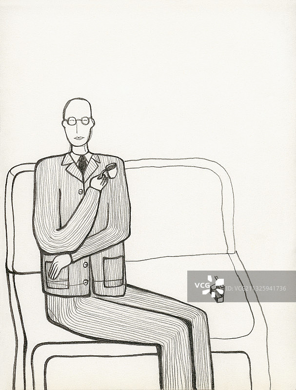 坐在长椅上喝咖啡的男人蜡笔画插图。图片素材