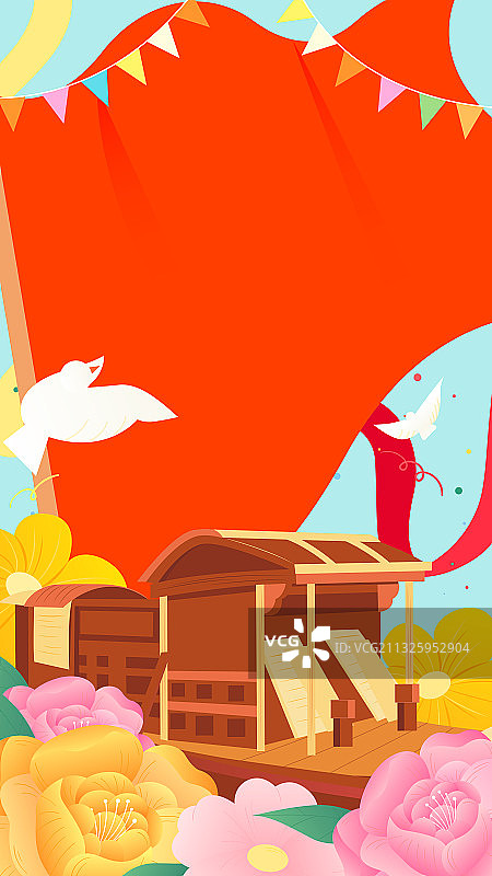 红旗红船花和和平鸽矢量插画海报元素图片素材