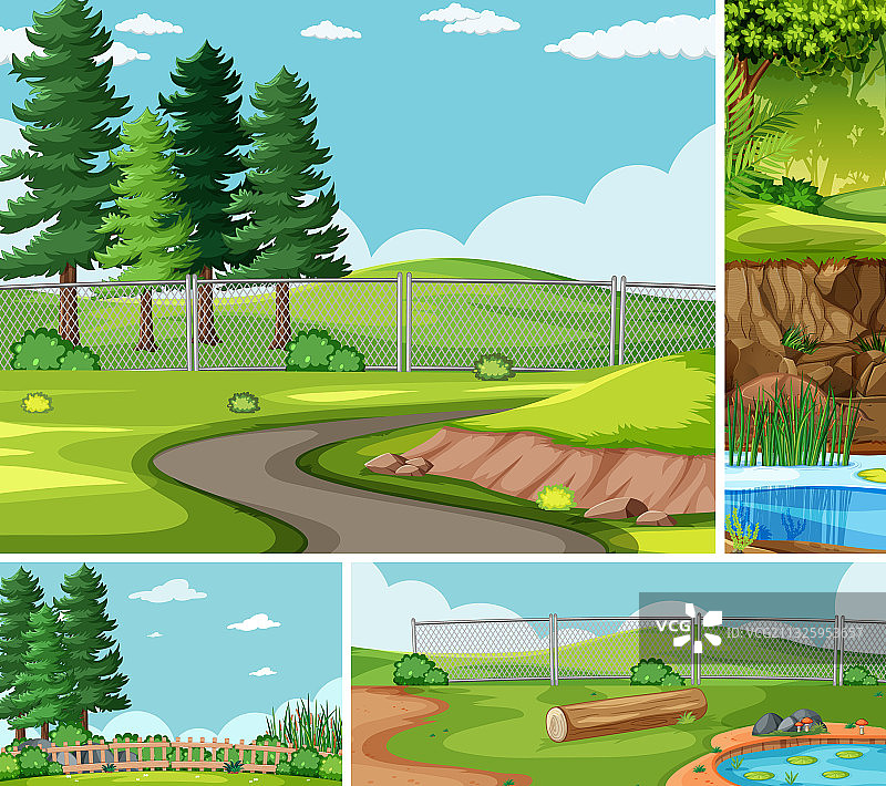 卡通自然场景中的四个不同场景图片素材