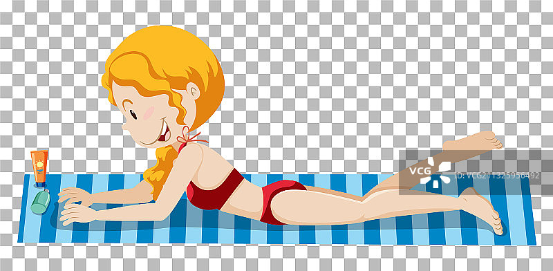 女孩在沙滩垫上晒日光浴图片素材