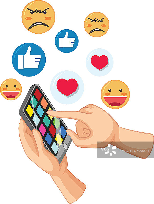 手持手机滚动浏览表情符号图片素材