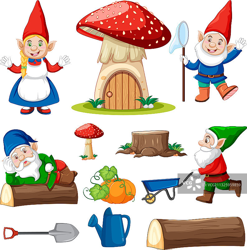 花园侏儒卡通图标套装图片素材