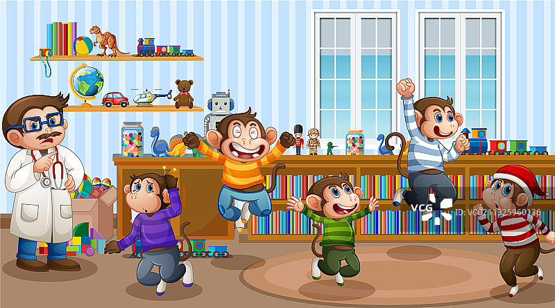 房间场景中跳跃的五只小猴子图片素材