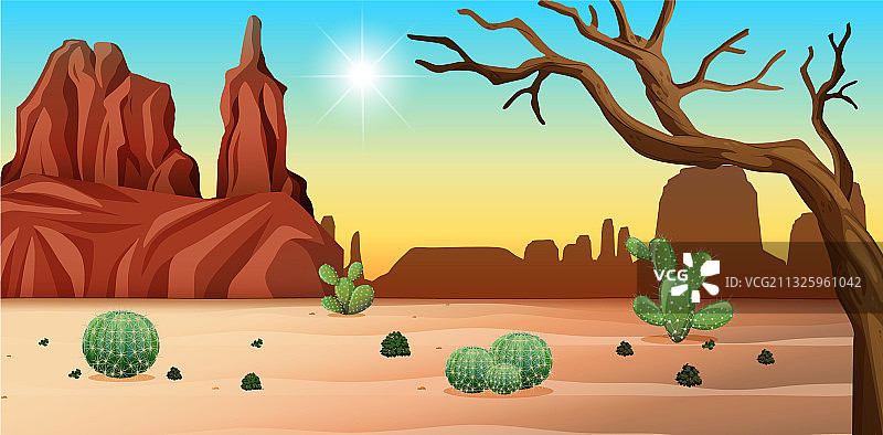有岩石山和仙人掌景观的沙漠图片素材