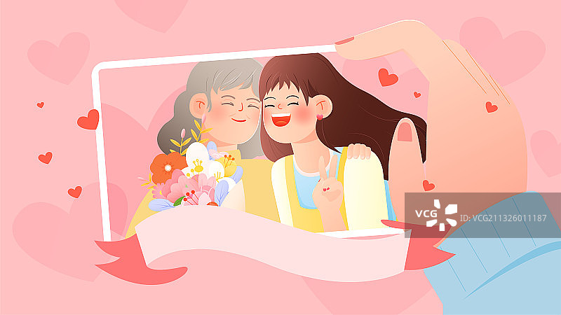 妈妈和女儿拥抱合照矢量插画海报横图图片素材