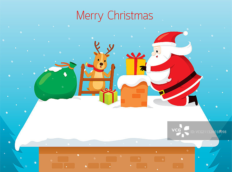 圣诞老人将礼品盒投入烟囱图片素材