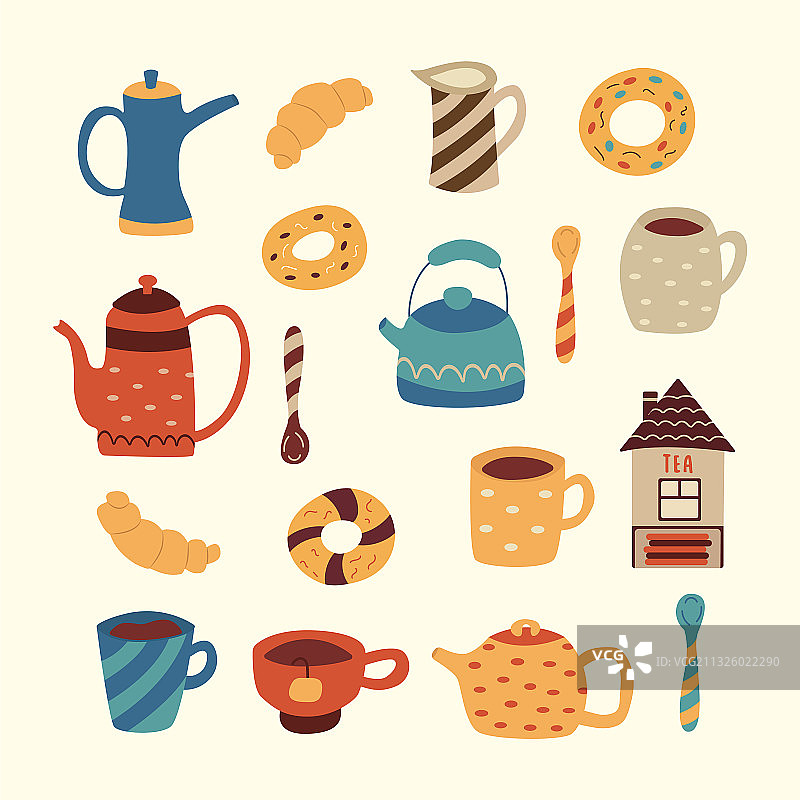 茶壶马克杯甜甜圈羊角面包套装图片素材