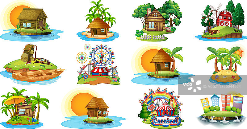 不同风格的简易别墅和海滩主题图片素材