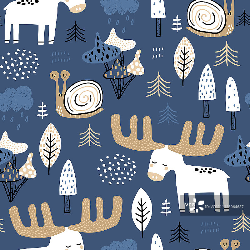 无缝卡通森林图案与驼鹿蜗牛图片素材