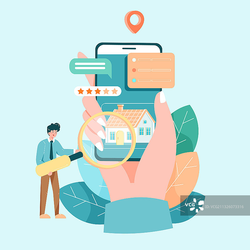 卡通房地产商务手机网购租房公寓酒店电商旅行城市建筑矢量插画图片素材