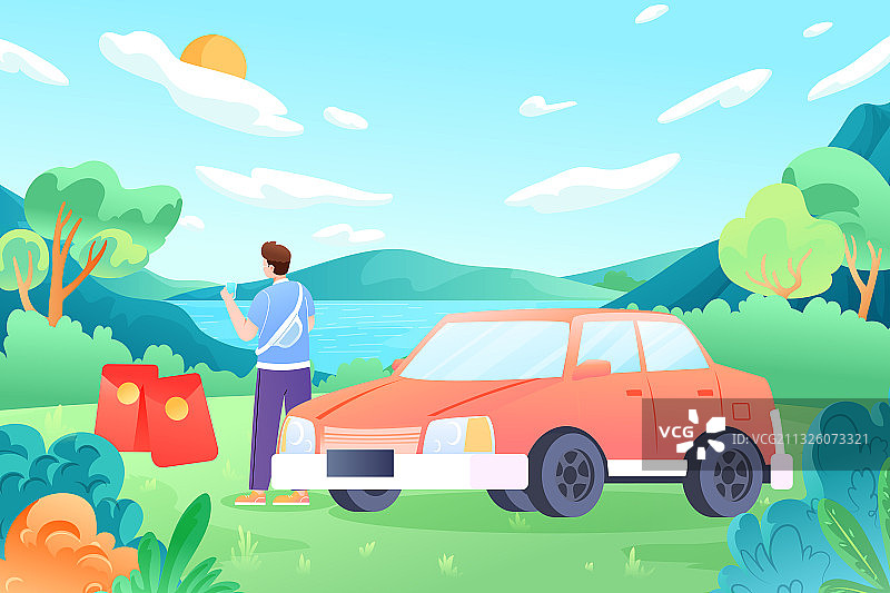 卡通亲子游家人母亲节父亲儿童节情侣自驾游交通出行旅游矢量插画图片素材