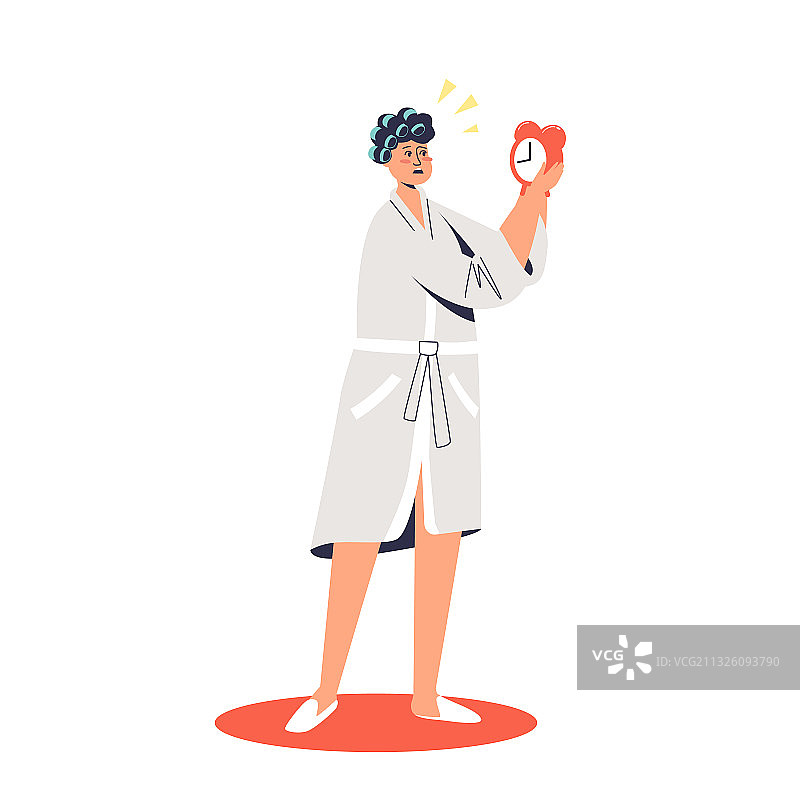 穿着浴袍拿着闹钟迟到的女人图片素材