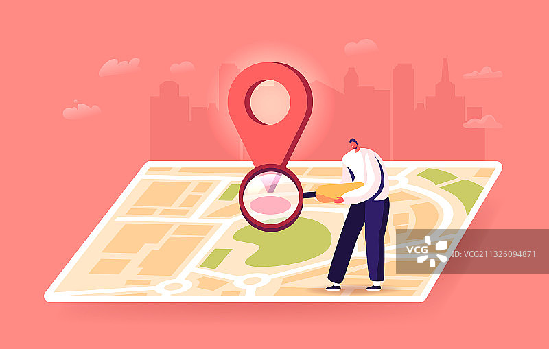 用放大镜看带GPS定位的大地图的小人图片素材