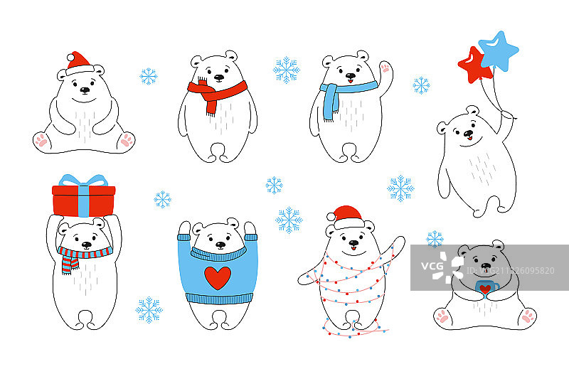 圣诞北极熊卡通新年动物套装图片素材