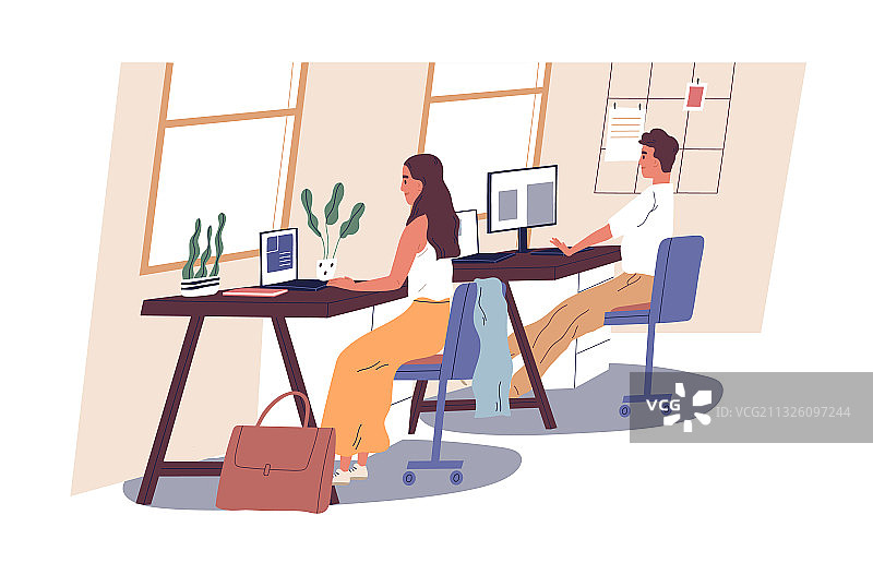 在办公室工作的人们：男女在办公桌旁图片素材