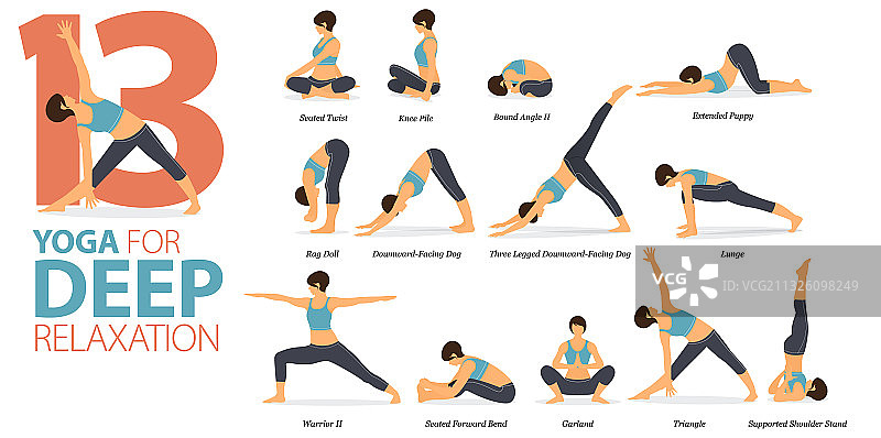 深度放松的13个瑜伽锻炼姿势图片素材