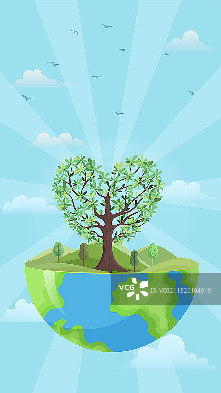 春天地球上有爱心树环保教育矢量插画海报图片素材