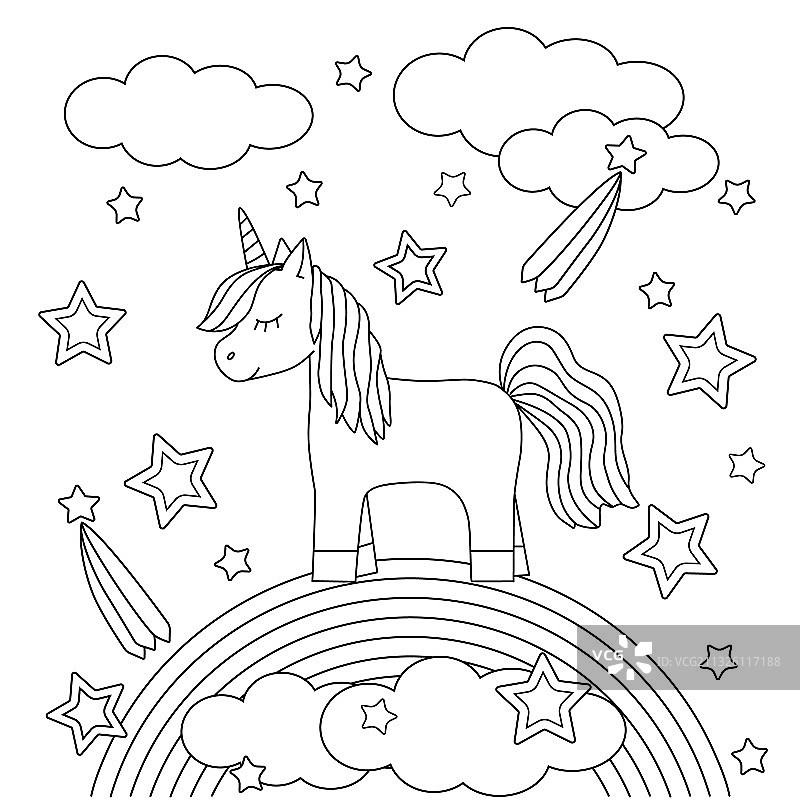 彩虹上的可爱独角兽涂色书图片素材