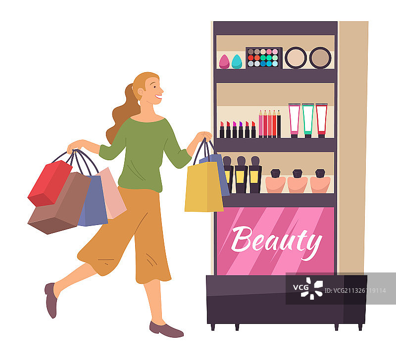 年轻女子在化妆品店购物微笑图片素材
