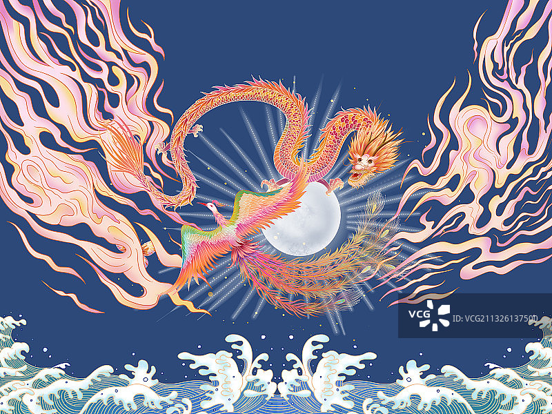 龙凤呈祥牡丹结婚潮图插画国案元素图片素材