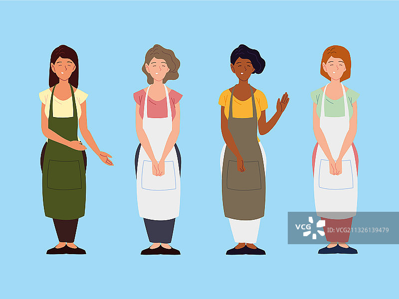 蓝色背景上的围裙女性角色群组图片素材