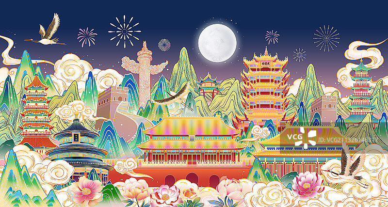 故宫天坛黄鹤楼长城华表城市建筑国潮插画海报图片素材