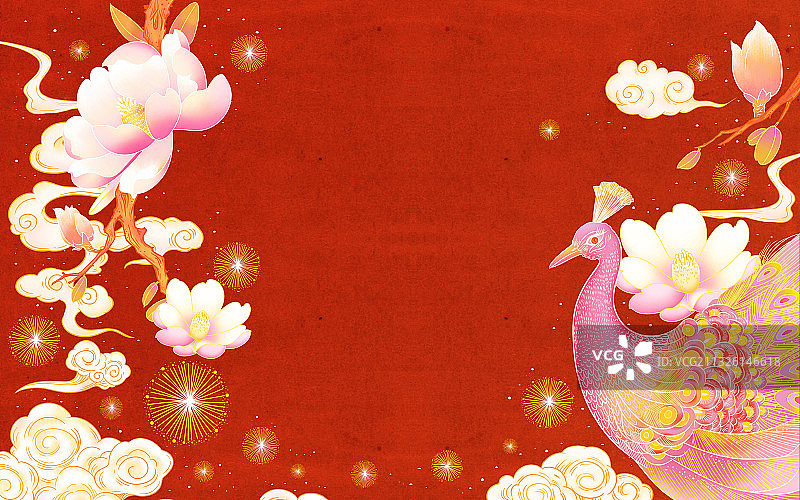 孔雀玉兰花国潮插画海报背景图片素材