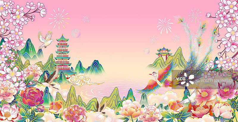 白鹿凤凰山水园林牡丹樱花盛开插画海报背景图片素材
