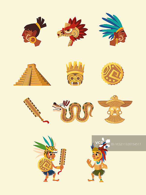 阿兹特克人物、蛇、金字塔、武器图片素材