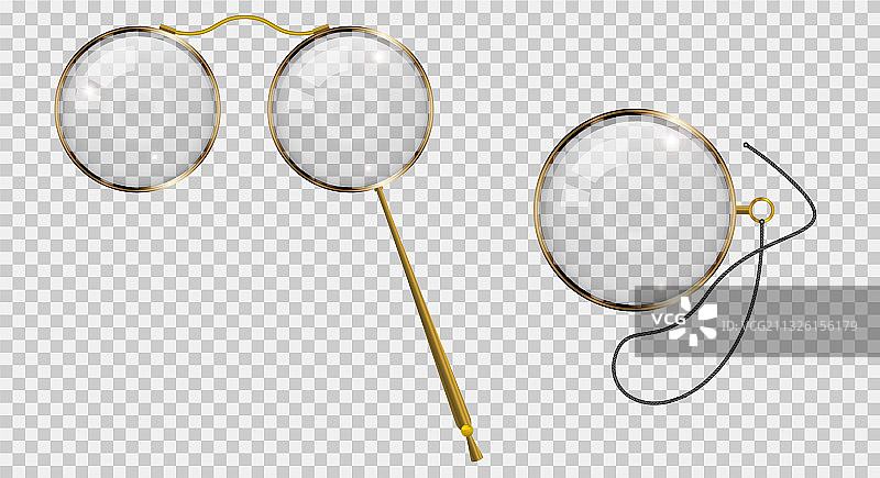 绳子上的金色单片眼镜，金色长柄眼镜图片素材