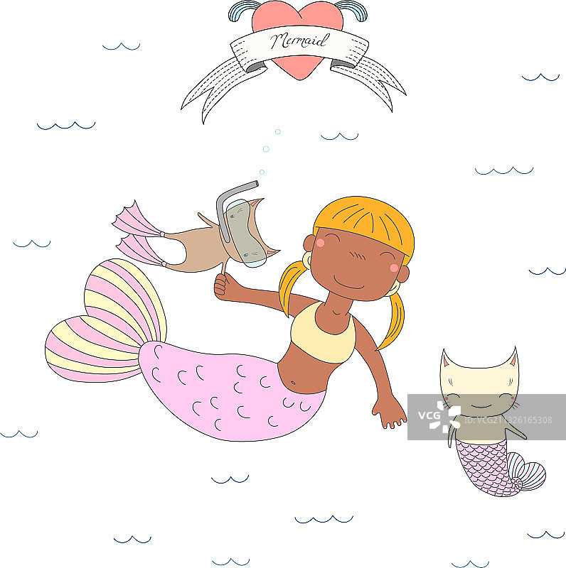 水下可爱的美人鱼和猫图片素材