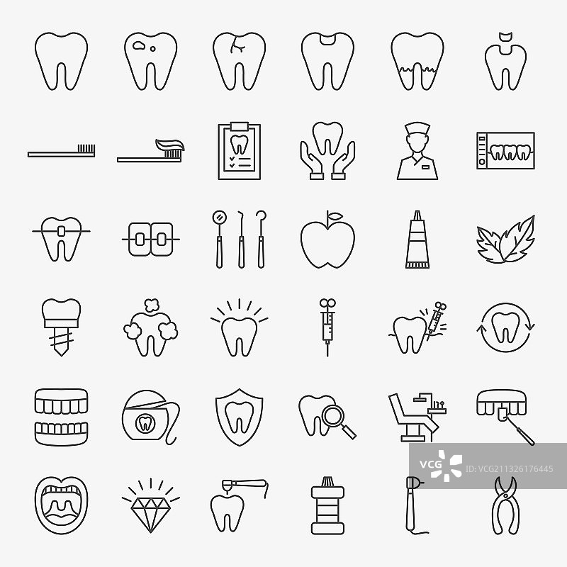 牙科线性图标集图片素材
