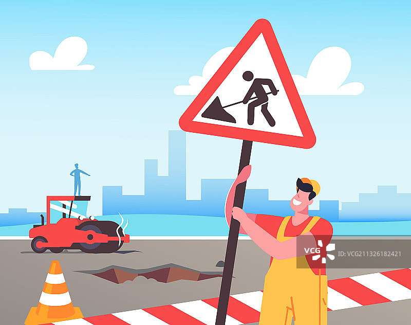 道路施工和沥青铺设工人概念图片素材