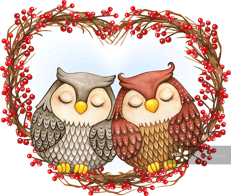 水彩爱心花环上的可爱睡 Owl图片素材